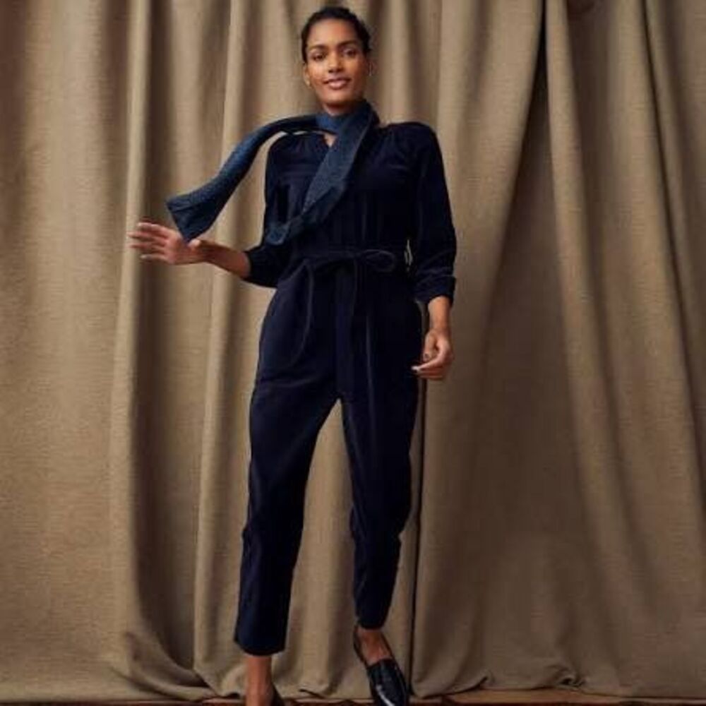 Wyse London Jumpsuit Navy Blue Velvet Belted 100% Cotton Jumpsuit Size 0 / XS